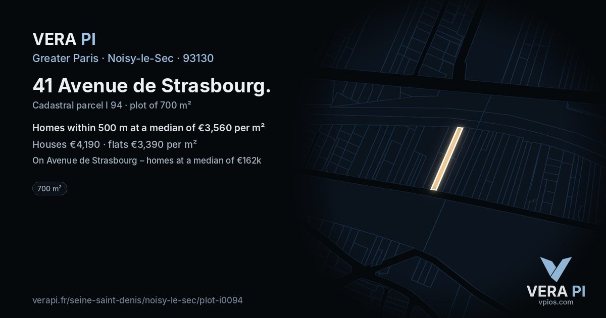 41 Avenue de Strasbourg, Noisy-le-Sec at night – the plot lit, the parcels around coloured by the prices near them