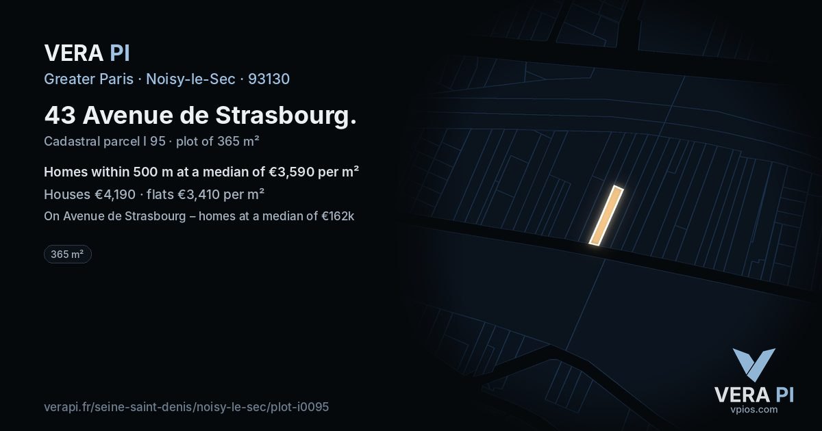 43 Avenue de Strasbourg, Noisy-le-Sec at night – the plot lit, the parcels around coloured by the prices near them