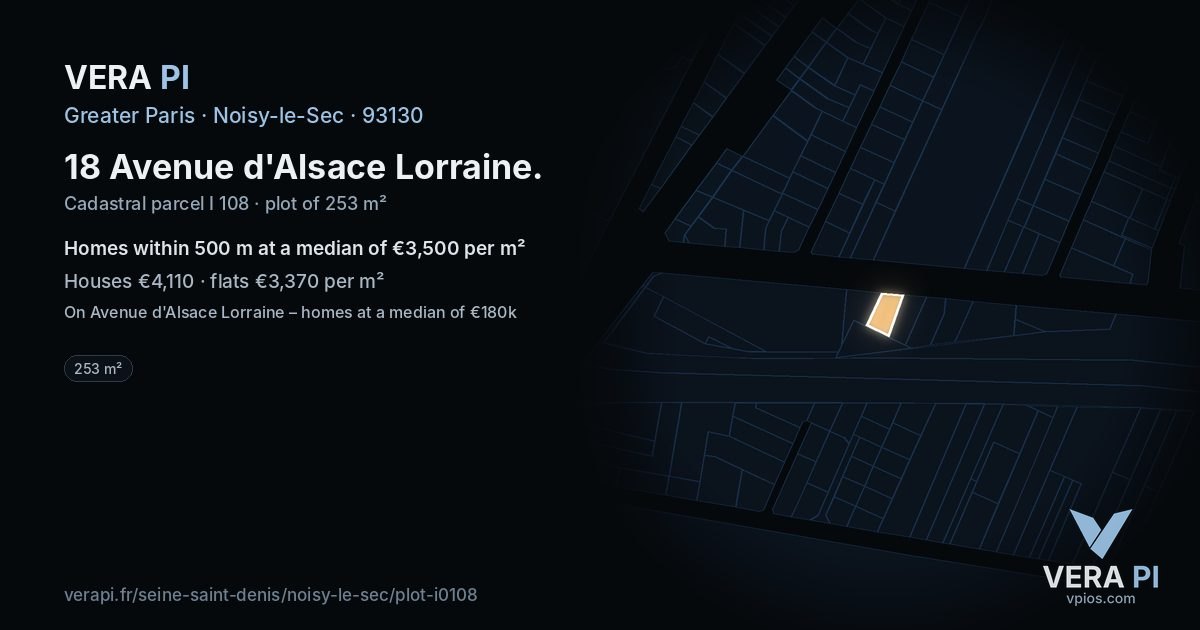 18 Avenue d'Alsace Lorraine, Noisy-le-Sec at night – the plot lit, the parcels around coloured by the prices near them