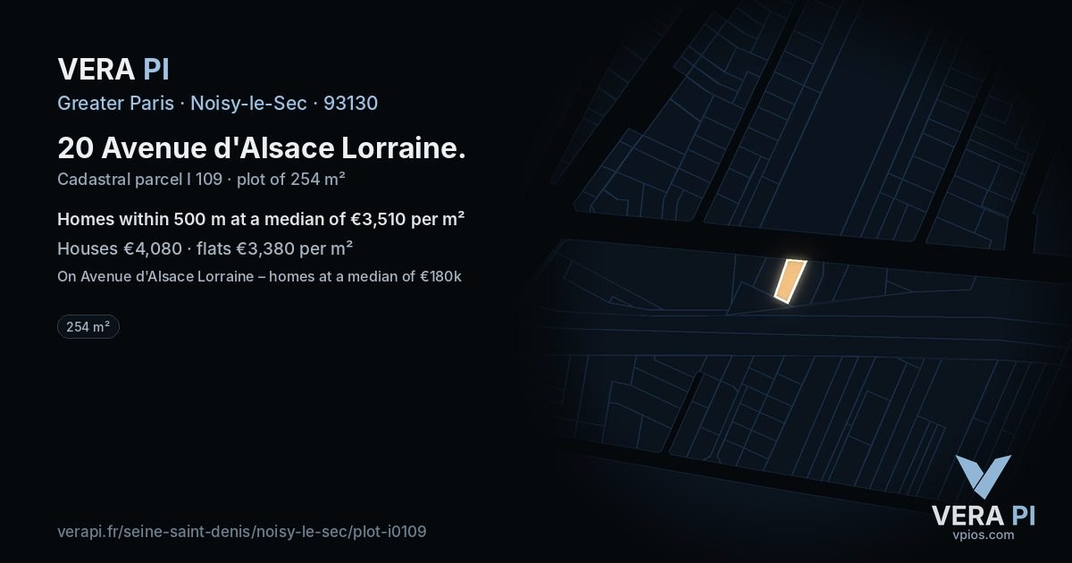 20 Avenue d'Alsace Lorraine, Noisy-le-Sec at night – the plot lit, the parcels around coloured by the prices near them