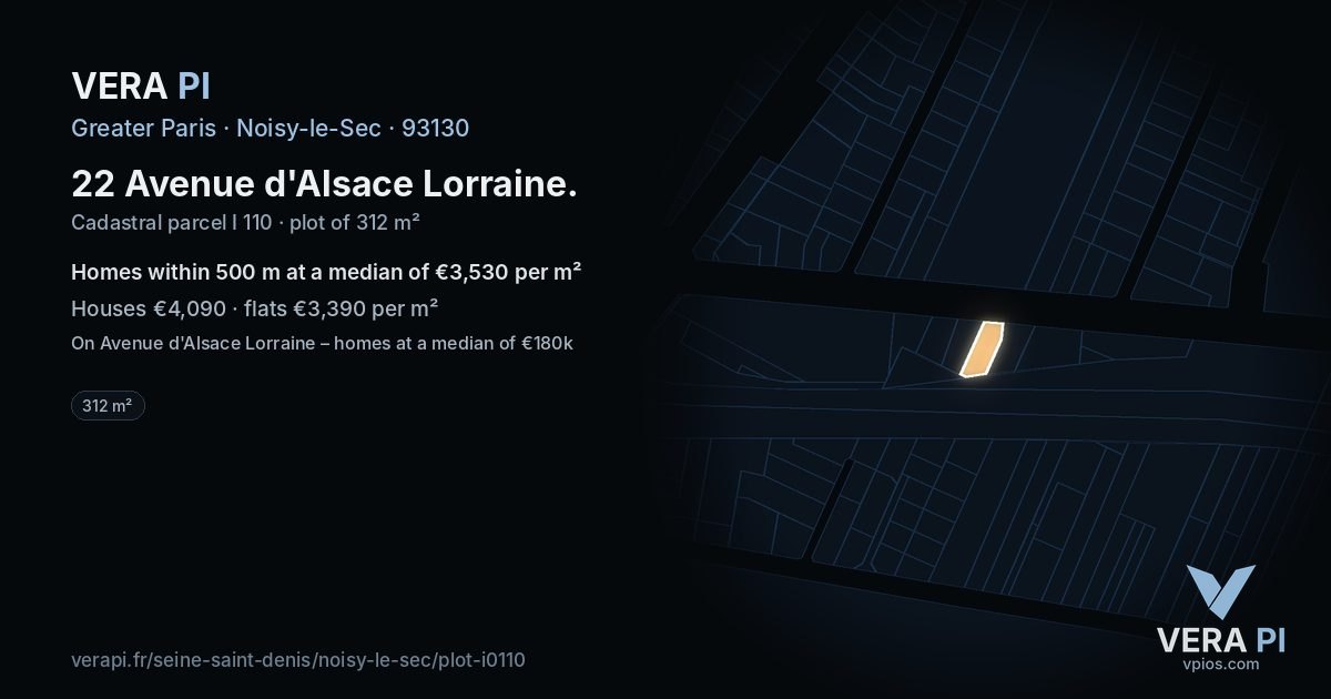 22 Avenue d'Alsace Lorraine, Noisy-le-Sec at night – the plot lit, the parcels around coloured by the prices near them
