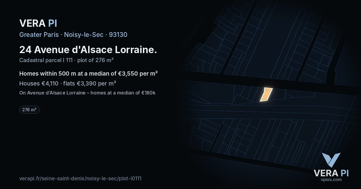 24 Avenue d'Alsace Lorraine, Noisy-le-Sec at night – the plot lit, the parcels around coloured by the prices near them