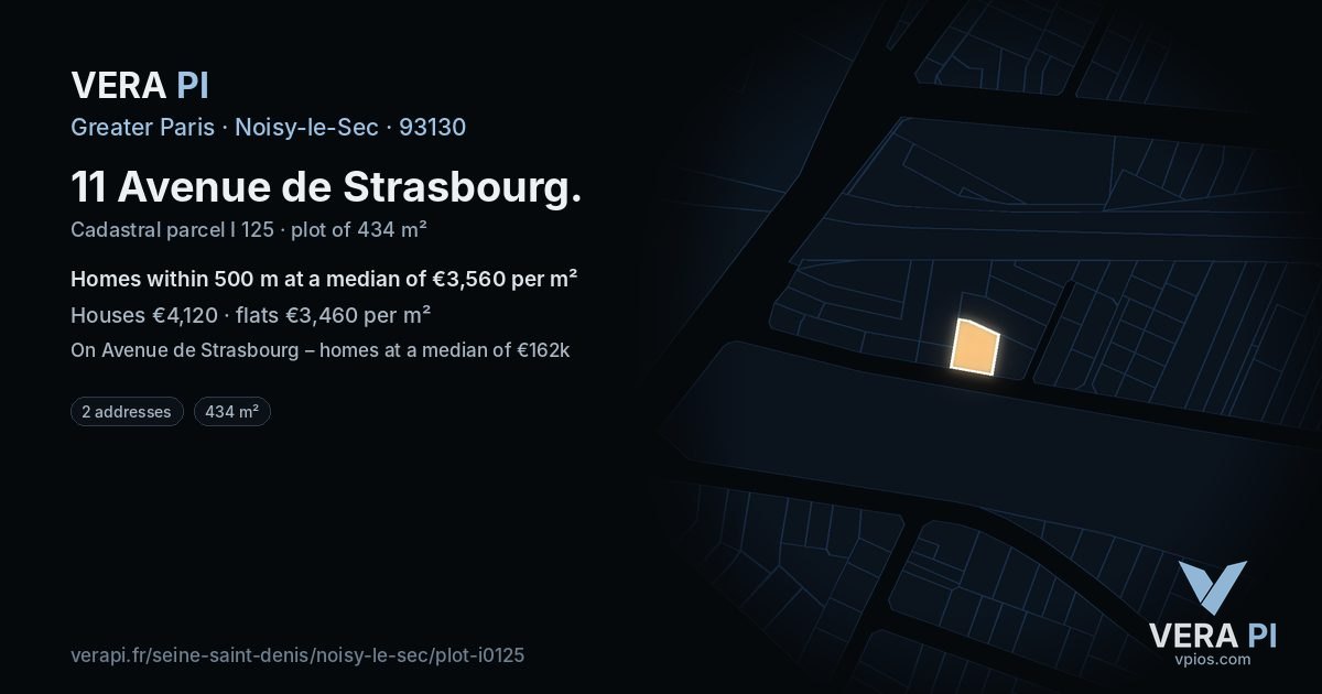 11 Avenue de Strasbourg, Noisy-le-Sec at night – the plot lit, the parcels around coloured by the prices near them