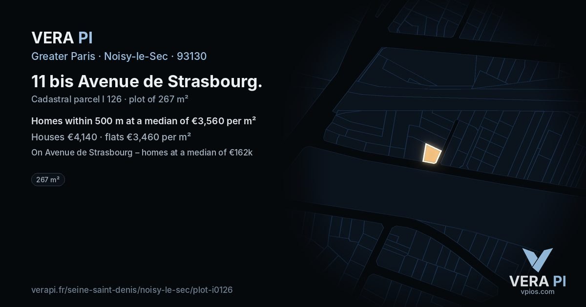 11 bis Avenue de Strasbourg, Noisy-le-Sec at night – the plot lit, the parcels around coloured by the prices near them