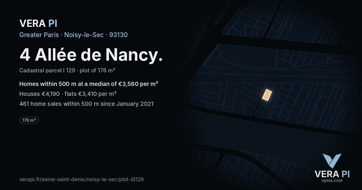 4 Allée de Nancy, Noisy-le-Sec at night – the plot lit, the parcels around coloured by the prices near them