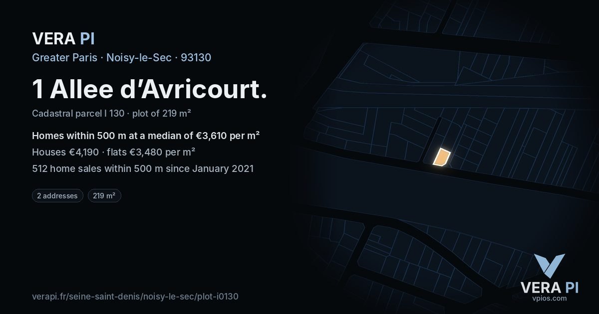 1 Allee d’Avricourt, Noisy-le-Sec at night – the plot lit, the parcels around coloured by the prices near them