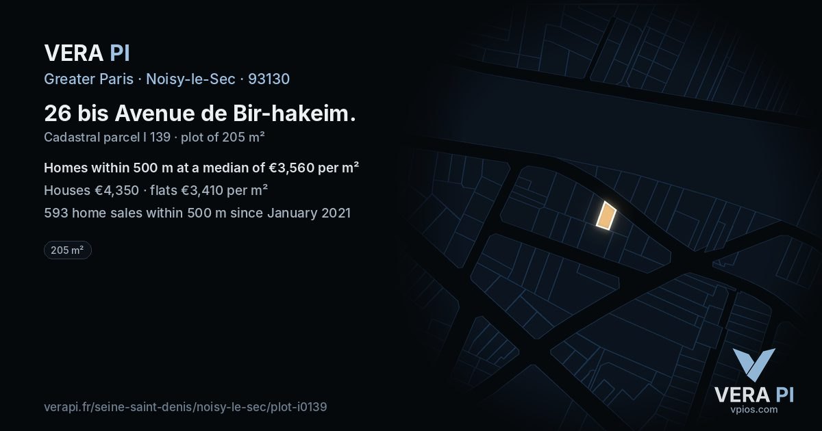 26 bis Avenue de Bir-hakeim, Noisy-le-Sec at night – the plot lit, the parcels around coloured by the prices near them