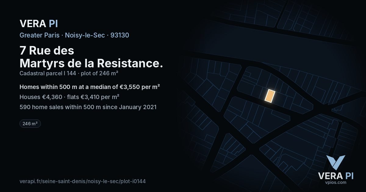7 Rue des Martyrs de la Resistance, Noisy-le-Sec at night – the plot lit, the parcels around coloured by the prices near them