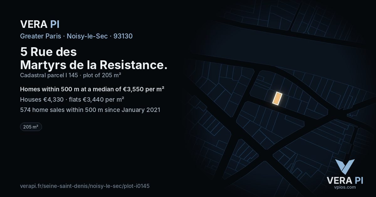 5 Rue des Martyrs de la Resistance, Noisy-le-Sec at night – the plot lit, the parcels around coloured by the prices near them