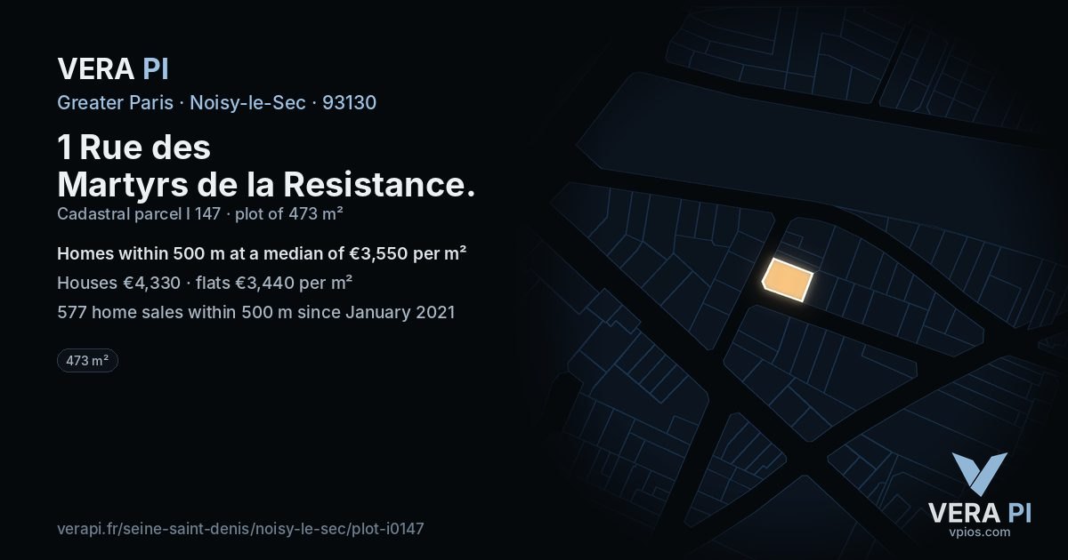 1 Rue des Martyrs de la Resistance, Noisy-le-Sec at night – the plot lit, the parcels around coloured by the prices near them