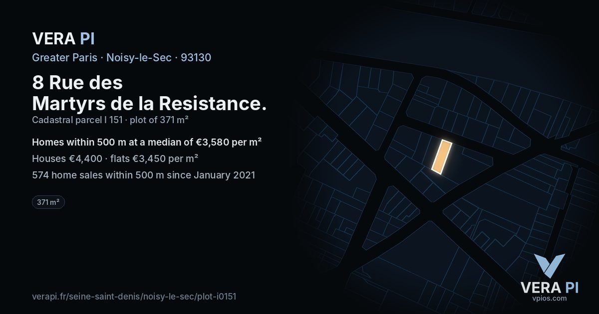 8 Rue des Martyrs de la Resistance, Noisy-le-Sec at night – the plot lit, the parcels around coloured by the prices near them