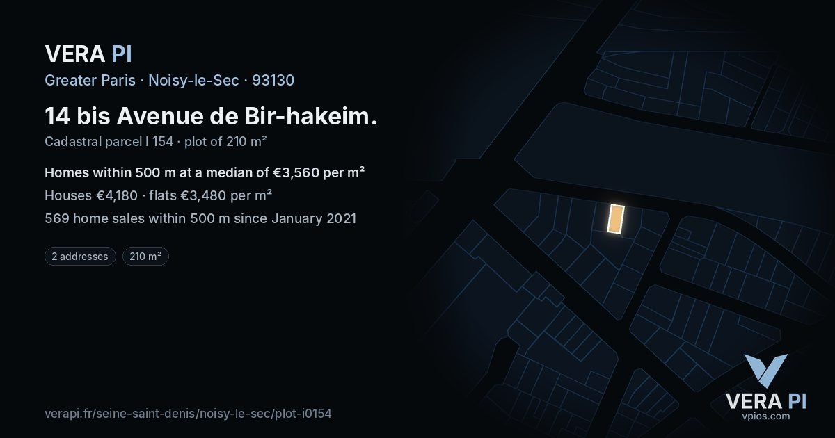 14 bis Avenue de Bir-hakeim, Noisy-le-Sec at night – the plot lit, the parcels around coloured by the prices near them