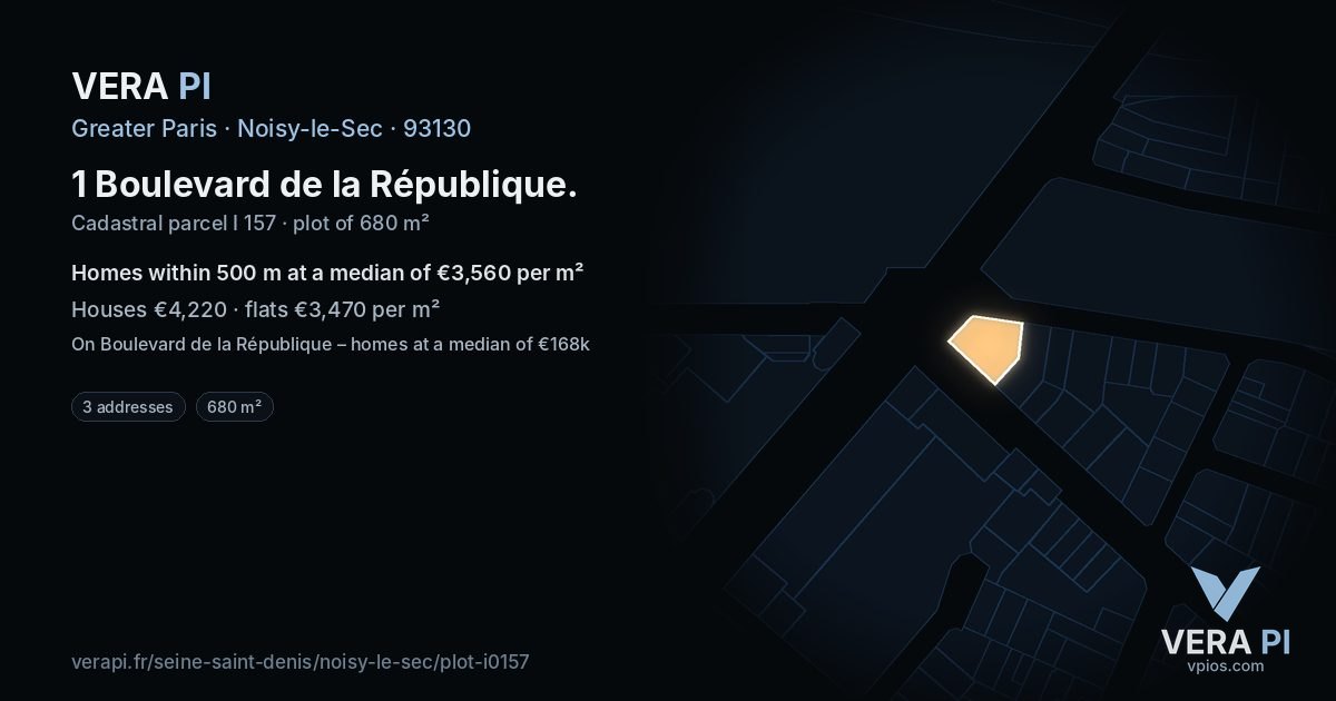 1 Boulevard de la République, Noisy-le-Sec at night – the plot lit, the parcels around coloured by the prices near them
