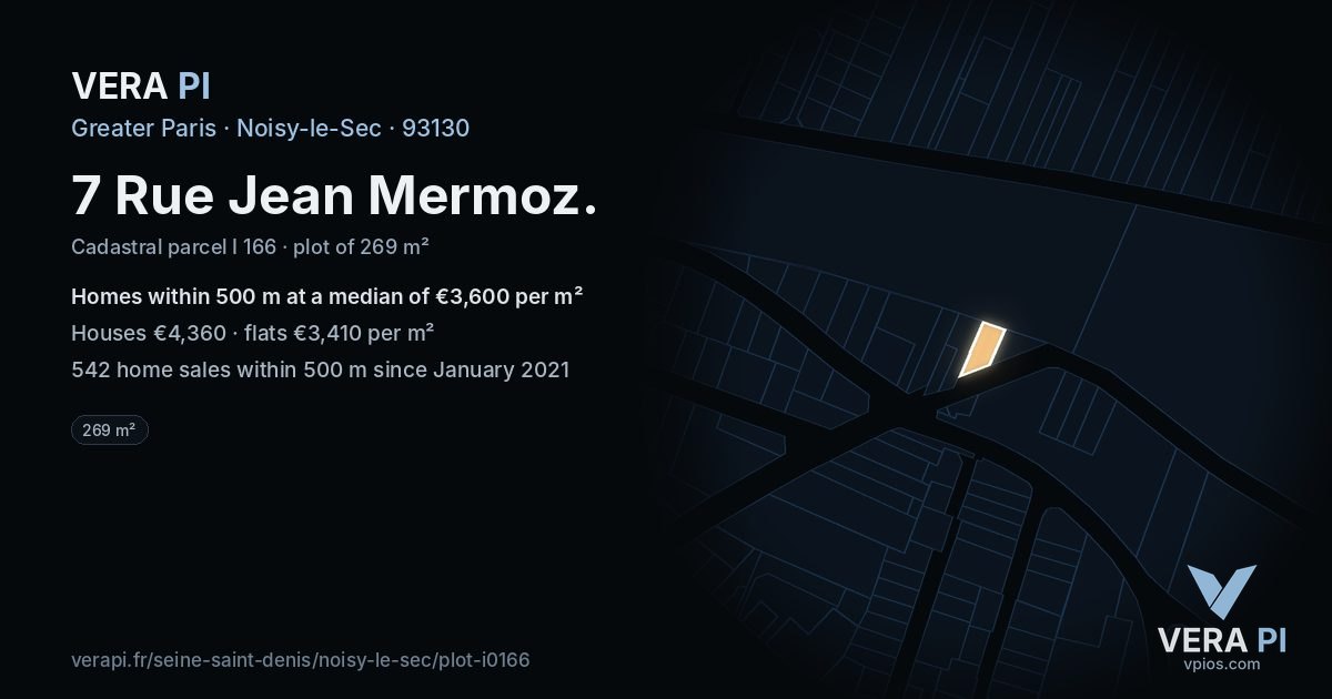 7 Rue Jean Mermoz, Noisy-le-Sec at night – the plot lit, the parcels around coloured by the prices near them