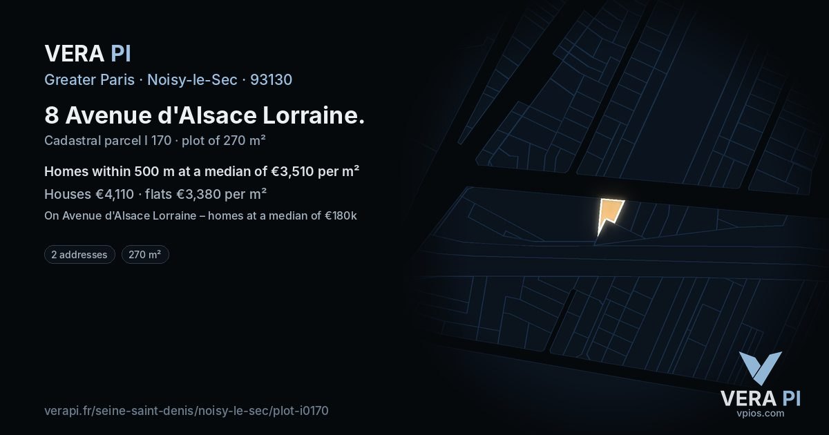 8 Avenue d'Alsace Lorraine, Noisy-le-Sec at night – the plot lit, the parcels around coloured by the prices near them