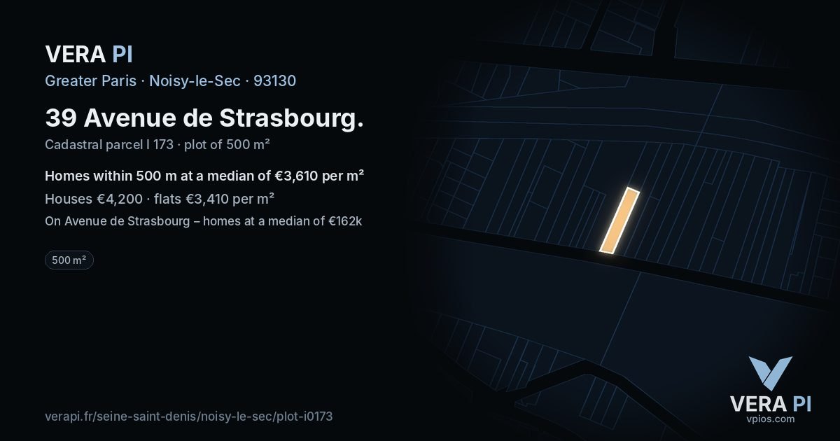 39 Avenue de Strasbourg, Noisy-le-Sec at night – the plot lit, the parcels around coloured by the prices near them