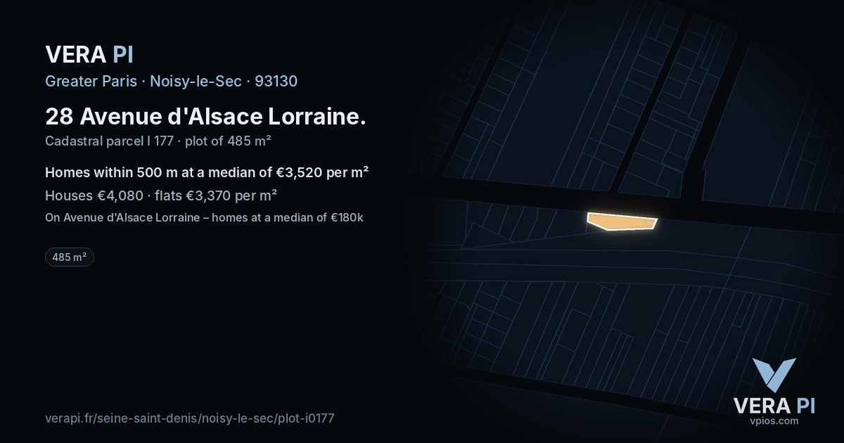 28 Avenue d'Alsace Lorraine, Noisy-le-Sec at night – the plot lit, the parcels around coloured by the prices near them