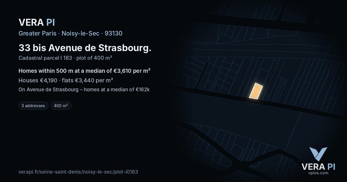 33 bis Avenue de Strasbourg, Noisy-le-Sec at night – the plot lit, the parcels around coloured by the prices near them