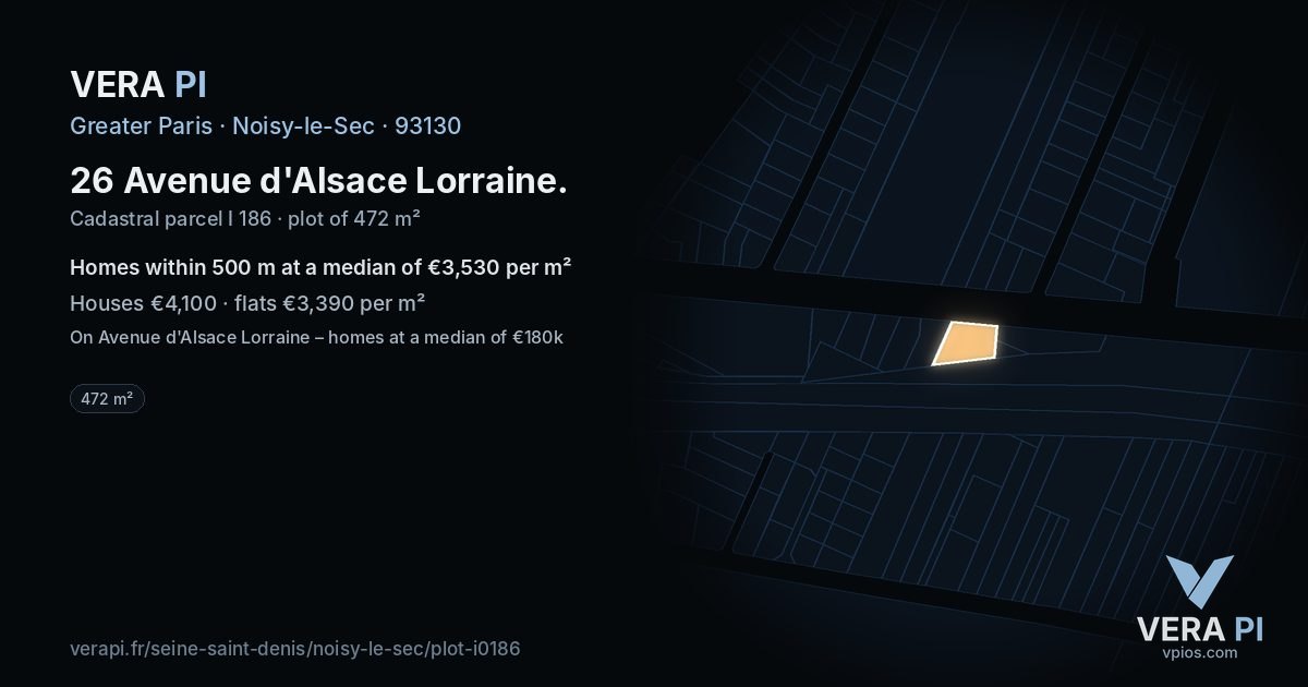 26 Avenue d'Alsace Lorraine, Noisy-le-Sec at night – the plot lit, the parcels around coloured by the prices near them