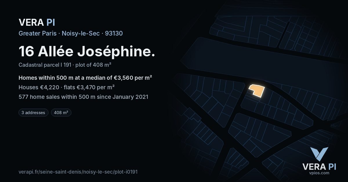 16 Allée Joséphine, Noisy-le-Sec at night – the plot lit, the parcels around coloured by the prices near them