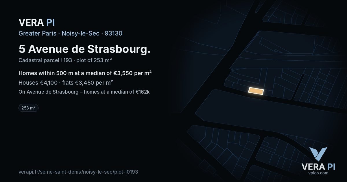 5 Avenue de Strasbourg, Noisy-le-Sec at night – the plot lit, the parcels around coloured by the prices near them