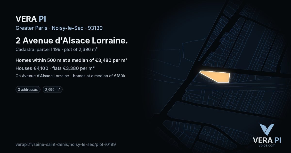 2 Avenue d'Alsace Lorraine, Noisy-le-Sec at night – the plot lit, the parcels around coloured by the prices near them