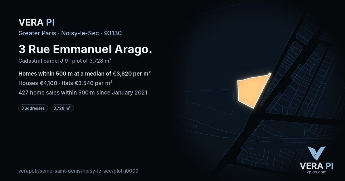 3 Rue Emmanuel Arago, Noisy-le-Sec at night – the plot lit, the parcels around coloured by the prices near them
