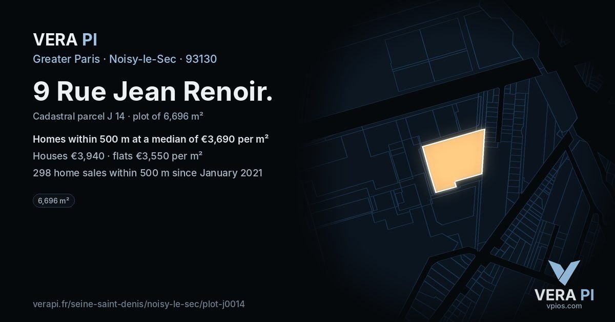 9 Rue Jean Renoir, Noisy-le-Sec at night – the plot lit, the parcels around coloured by the prices near them