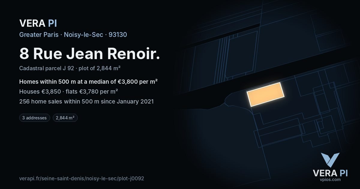 8 Rue Jean Renoir, Noisy-le-Sec at night – the plot lit, the parcels around coloured by the prices near them