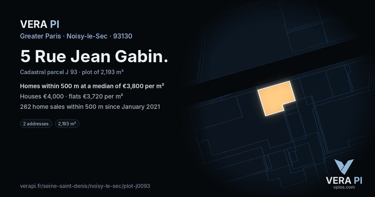 5 Rue Jean Gabin, Noisy-le-Sec at night – the plot lit, the parcels around coloured by the prices near them
