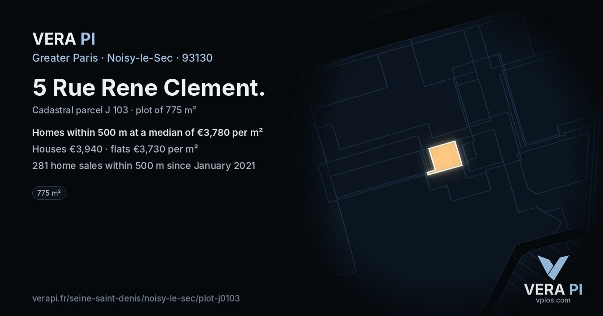 5 Rue Rene Clement, Noisy-le-Sec at night – the plot lit, the parcels around coloured by the prices near them