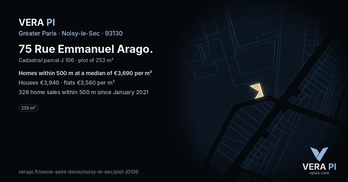 75 Rue Emmanuel Arago, Noisy-le-Sec at night – the plot lit, the parcels around coloured by the prices near them