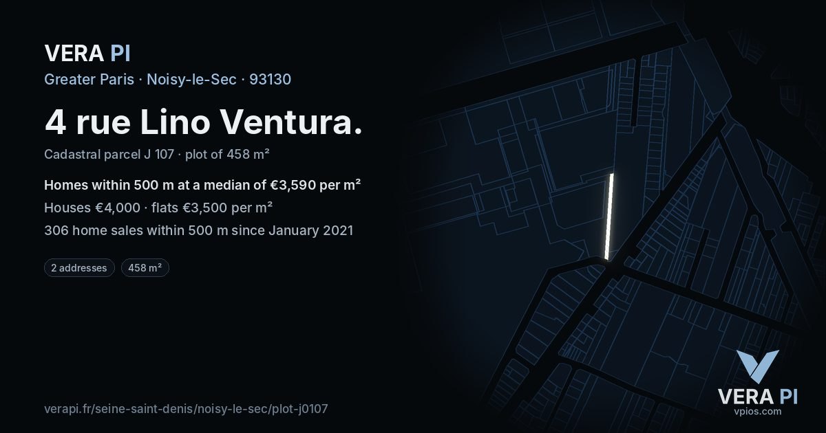 4 rue Lino Ventura, Noisy-le-Sec at night – the plot lit, the parcels around coloured by the prices near them
