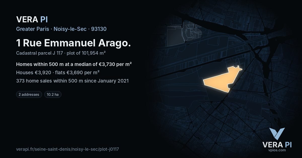 1 Rue Emmanuel Arago, Noisy-le-Sec at night – the plot lit, the parcels around coloured by the prices near them