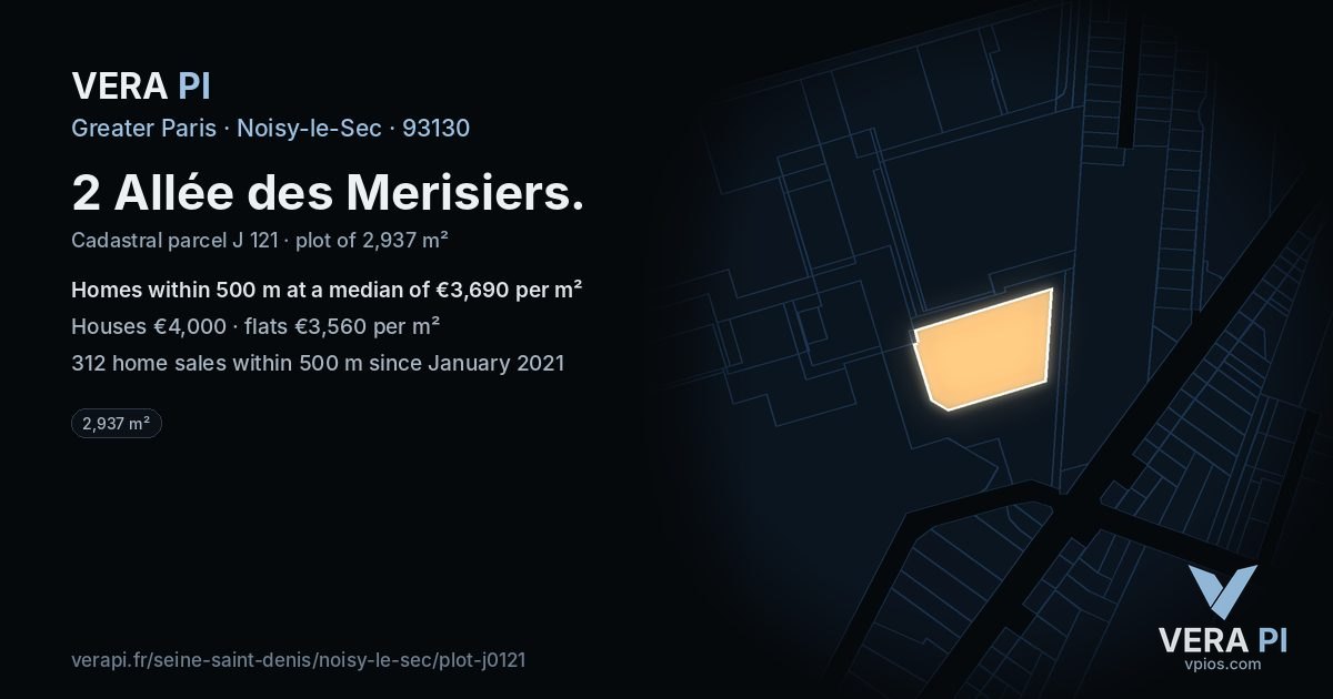 2 Allée des Merisiers, Noisy-le-Sec at night – the plot lit, the parcels around coloured by the prices near them