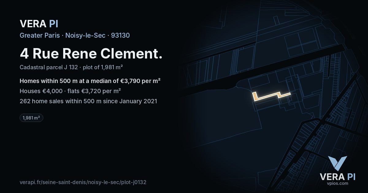 4 Rue Rene Clement, Noisy-le-Sec at night – the plot lit, the parcels around coloured by the prices near them