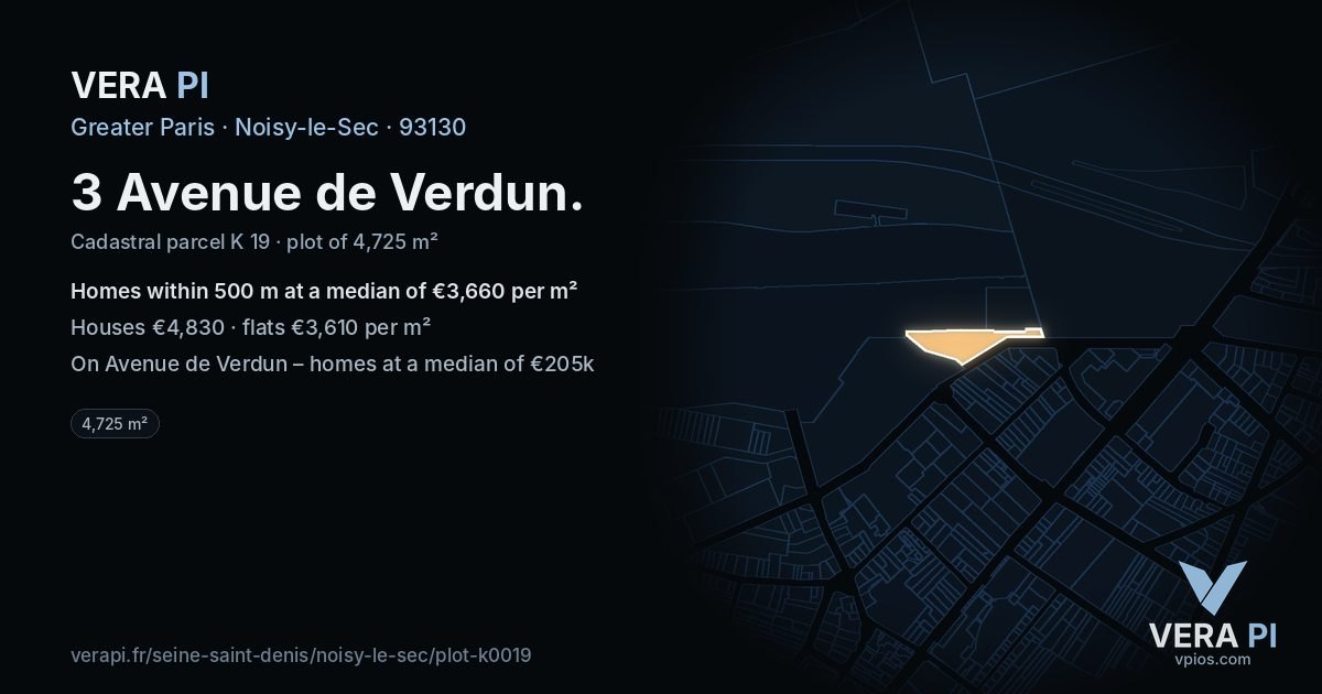 3 Avenue de Verdun, Noisy-le-Sec at night – the plot lit, the parcels around coloured by the prices near them