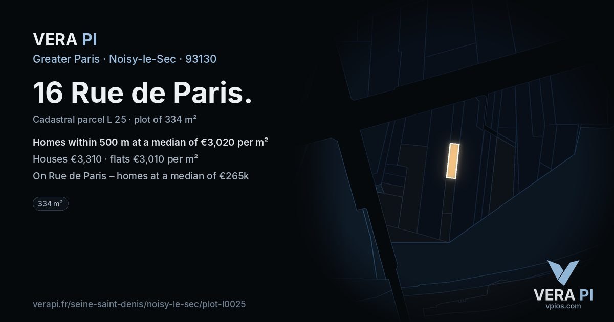 16 Rue de Paris, Noisy-le-Sec at night – the plot lit, the parcels around coloured by the prices near them