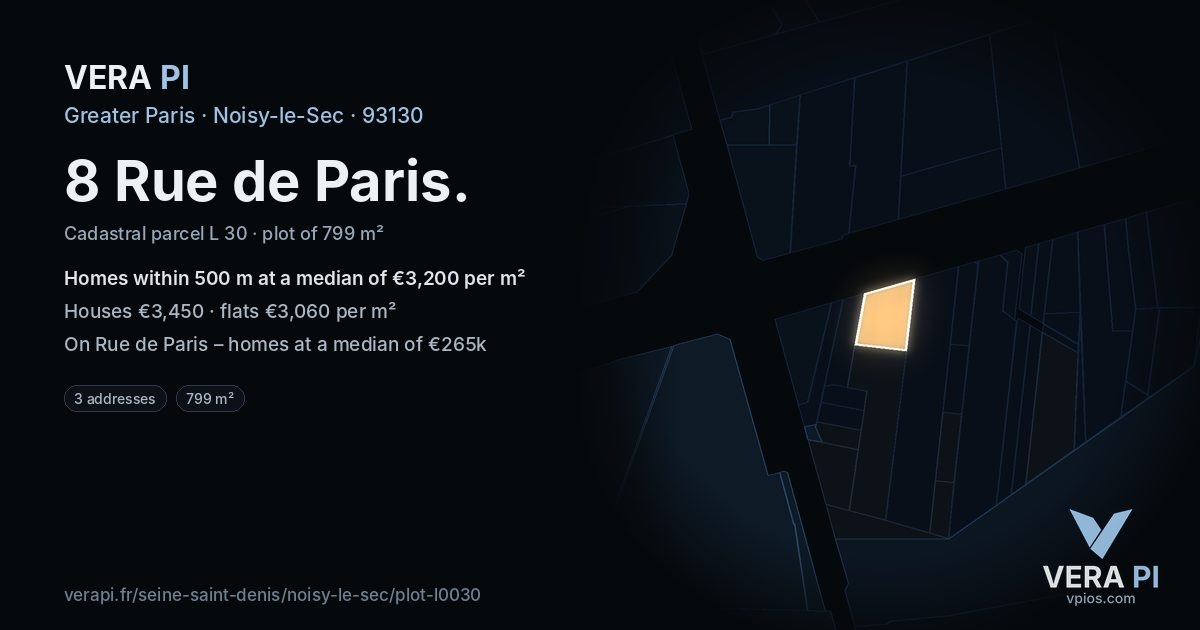 8 Rue de Paris, Noisy-le-Sec at night – the plot lit, the parcels around coloured by the prices near them