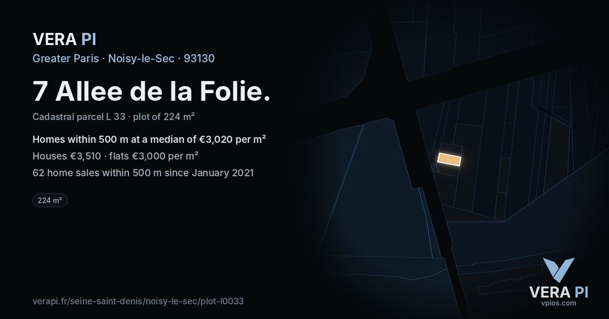 7 Allee de la Folie, Noisy-le-Sec at night – the plot lit, the parcels around coloured by the prices near them