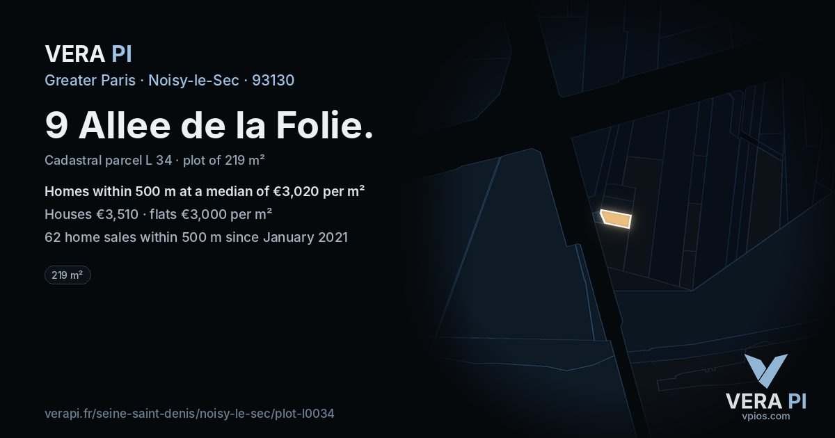 9 Allee de la Folie, Noisy-le-Sec at night – the plot lit, the parcels around coloured by the prices near them