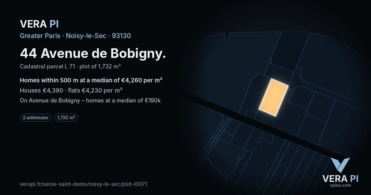 44 Avenue de Bobigny, Noisy-le-Sec at night – the plot lit, the parcels around coloured by the prices near them