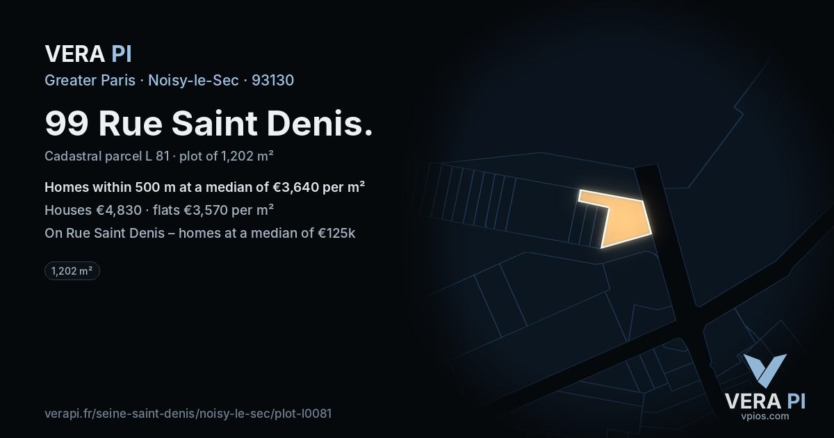 99 Rue Saint Denis, Noisy-le-Sec at night – the plot lit, the parcels around coloured by the prices near them