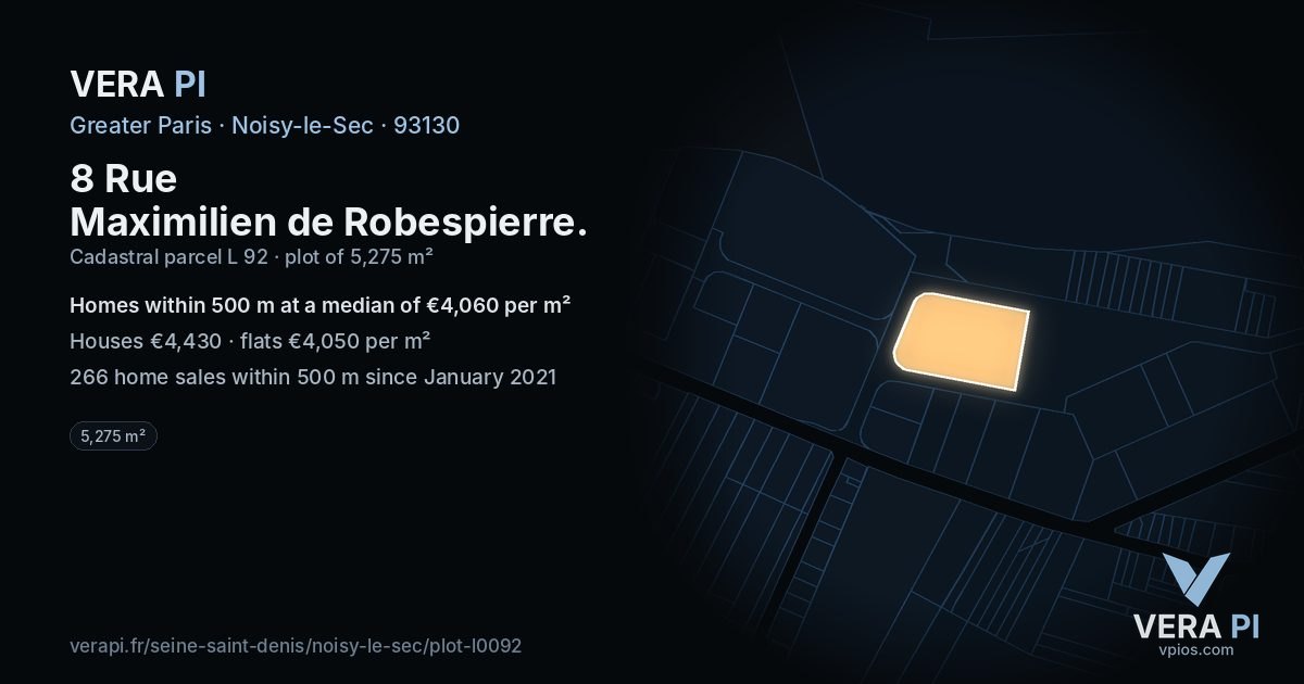 8 Rue Maximilien de Robespierre, Noisy-le-Sec at night – the plot lit, the parcels around coloured by the prices near them