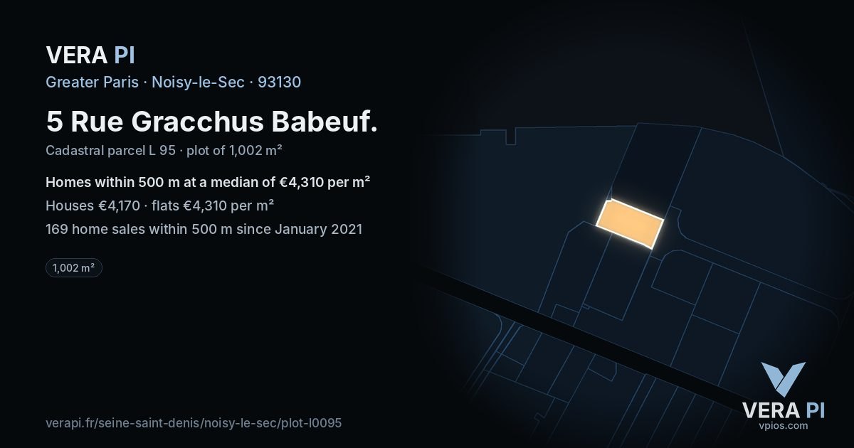 5 Rue Gracchus Babeuf, Noisy-le-Sec at night – the plot lit, the parcels around coloured by the prices near them