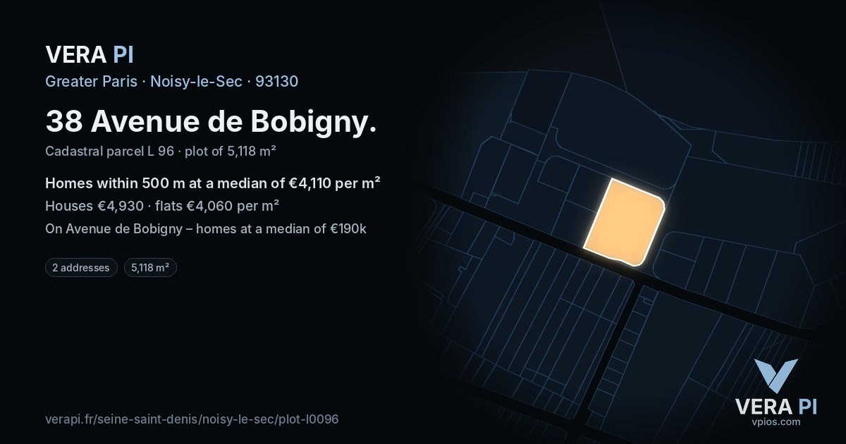 38 Avenue de Bobigny, Noisy-le-Sec at night – the plot lit, the parcels around coloured by the prices near them