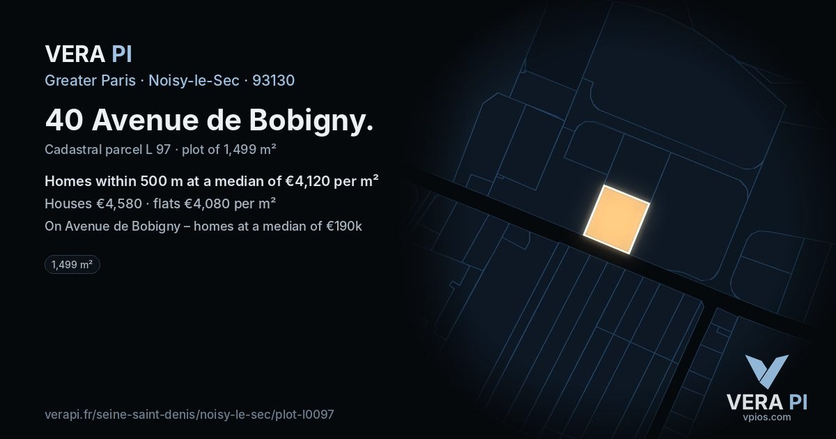 40 Avenue de Bobigny, Noisy-le-Sec at night – the plot lit, the parcels around coloured by the prices near them