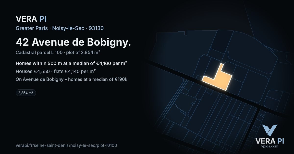 42 Avenue de Bobigny, Noisy-le-Sec at night – the plot lit, the parcels around coloured by the prices near them
