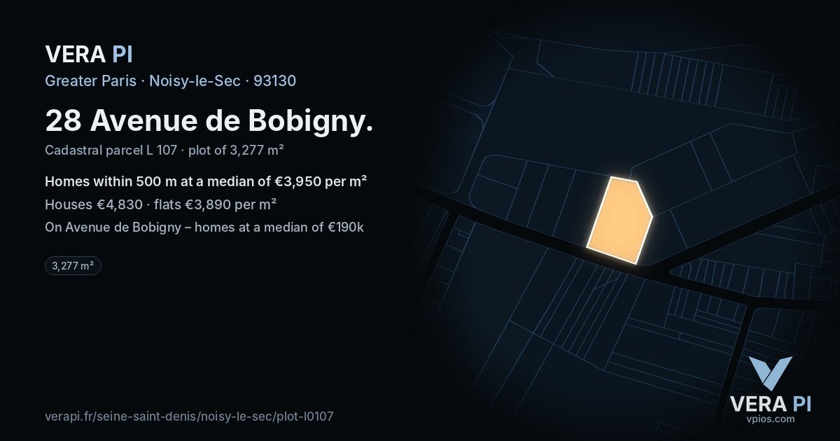 28 Avenue de Bobigny, Noisy-le-Sec at night – the plot lit, the parcels around coloured by the prices near them