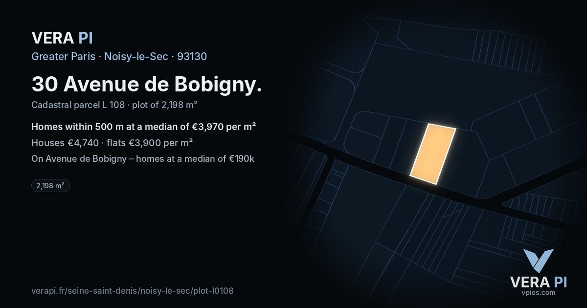30 Avenue de Bobigny, Noisy-le-Sec at night – the plot lit, the parcels around coloured by the prices near them